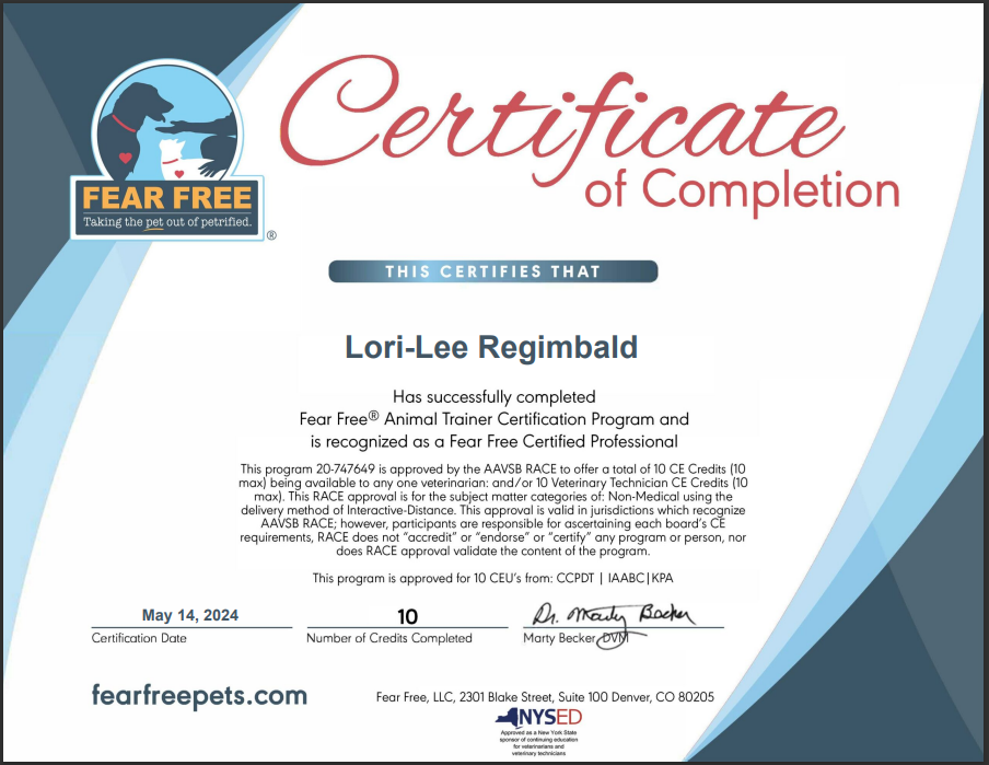 Fear Free Certified Professional Trainer Certificate for Lori-Lee Regimbald Your Happy Dog Coach Yarmouth NS